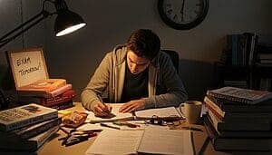 Jeune étudiant concentré à étudier pour le bac dans une ambiance nocturne.