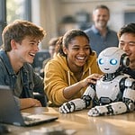 Groupe d'étudiants souriants avec robot éducatif en classe.