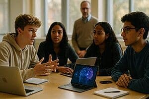 Groupe d'étudiants en réunion de travail avec un professeur.