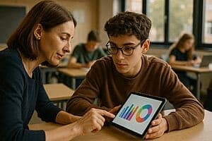 Jeune étudiant et professeur analysant des données sur une tablette en classe.