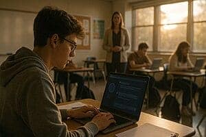 Étudiant concentré utilisant un ordinateur portable en classe.